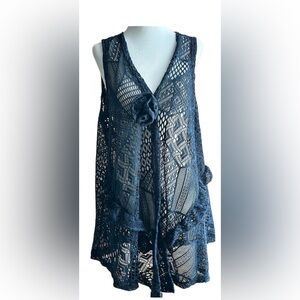 Size XL Casa Donna cardigan or swimwear cover-up blue knit with flower